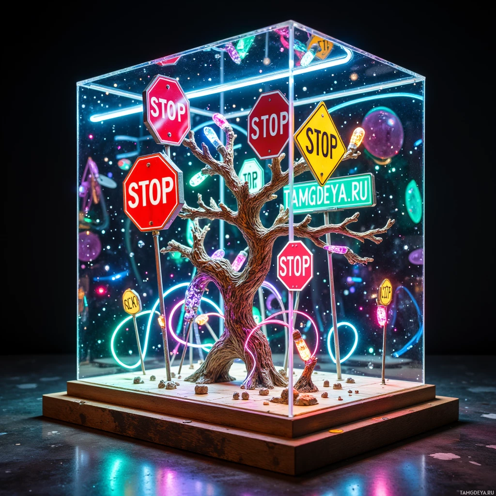 A miniature scene featuring a tree surrounded by stop signs and neon lights in a glass box.