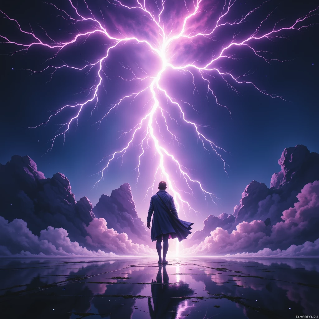 A lone figure stands on a reflective surface under a dramatic sky filled with lightning and clouds.