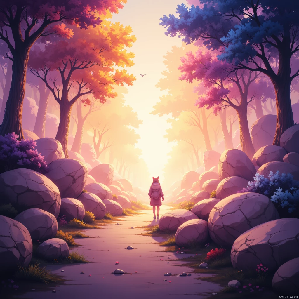 A person walks along a path lined with large rocks and vibrant trees in a serene forest at sunset.