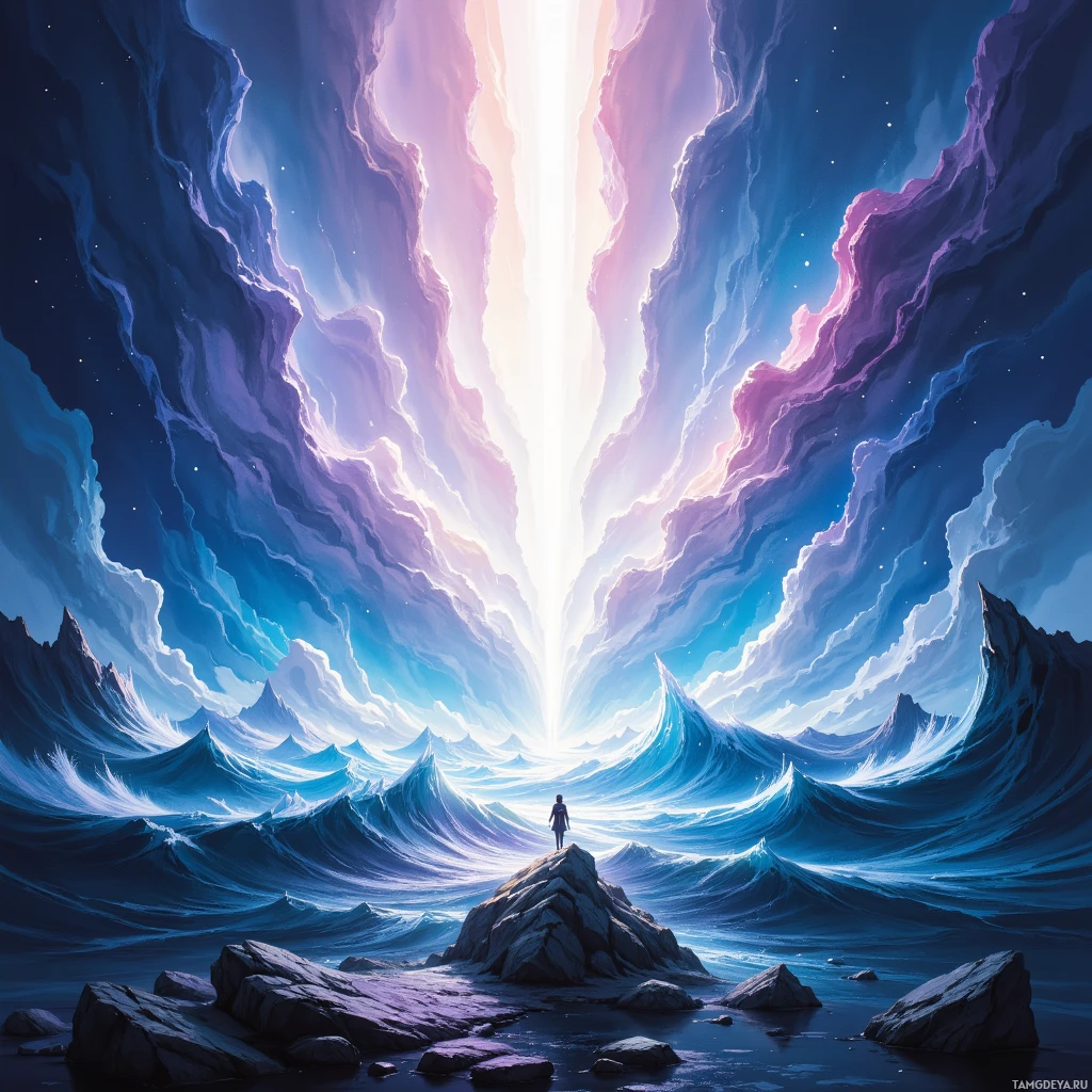 A lone figure stands on a rocky outcrop, gazing at a vast, ethereal landscape of swirling clouds and a radiant light source.