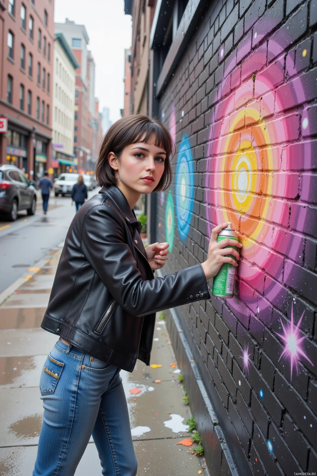 A person in a leather jacket stands near a colorful mural on a brick wall.