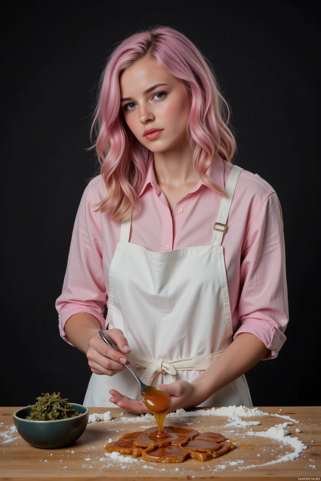 A person with pink hair wearing a pink shirt and white apron pours caramel sauce onto a wooden surface.