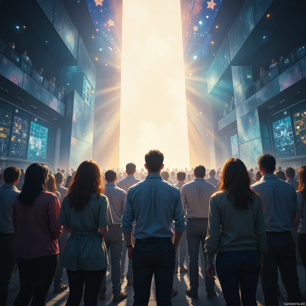 A crowd of people stands facing a bright, glowing light source.