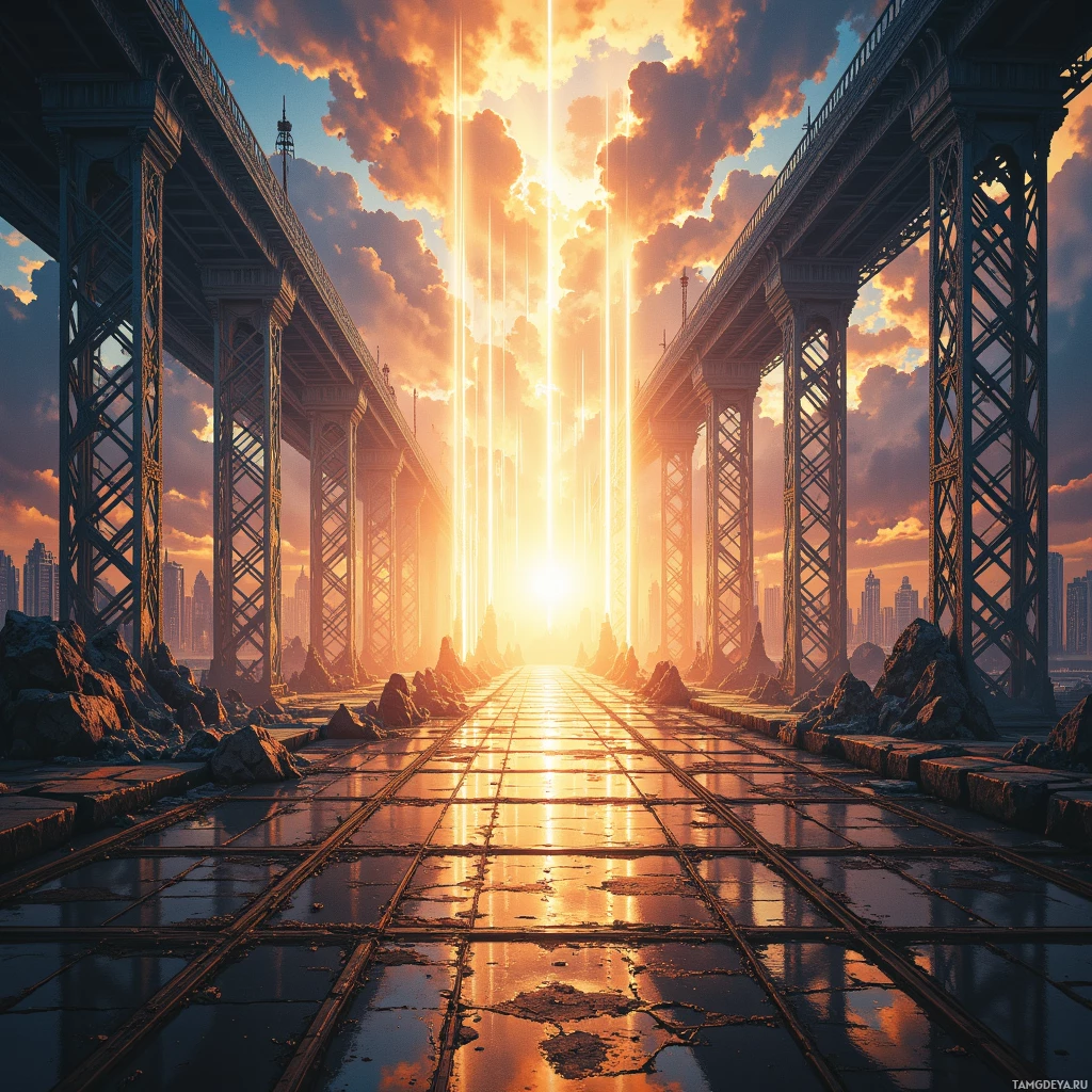 A futuristic bridge with tall supports and a glowing sky in the background.