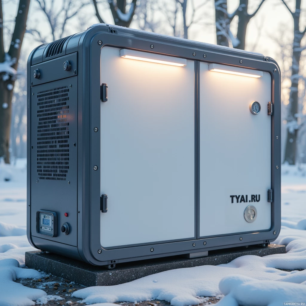 A compact, white and black generator sits on a snowy ground with trees in the background.