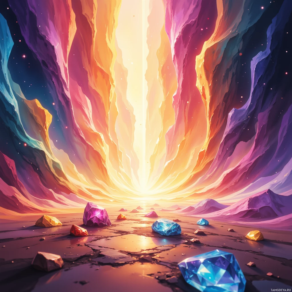 A vibrant, cosmic scene featuring a glowing light source at the center, surrounded by colorful, abstract rock formations and scattered gemstones.