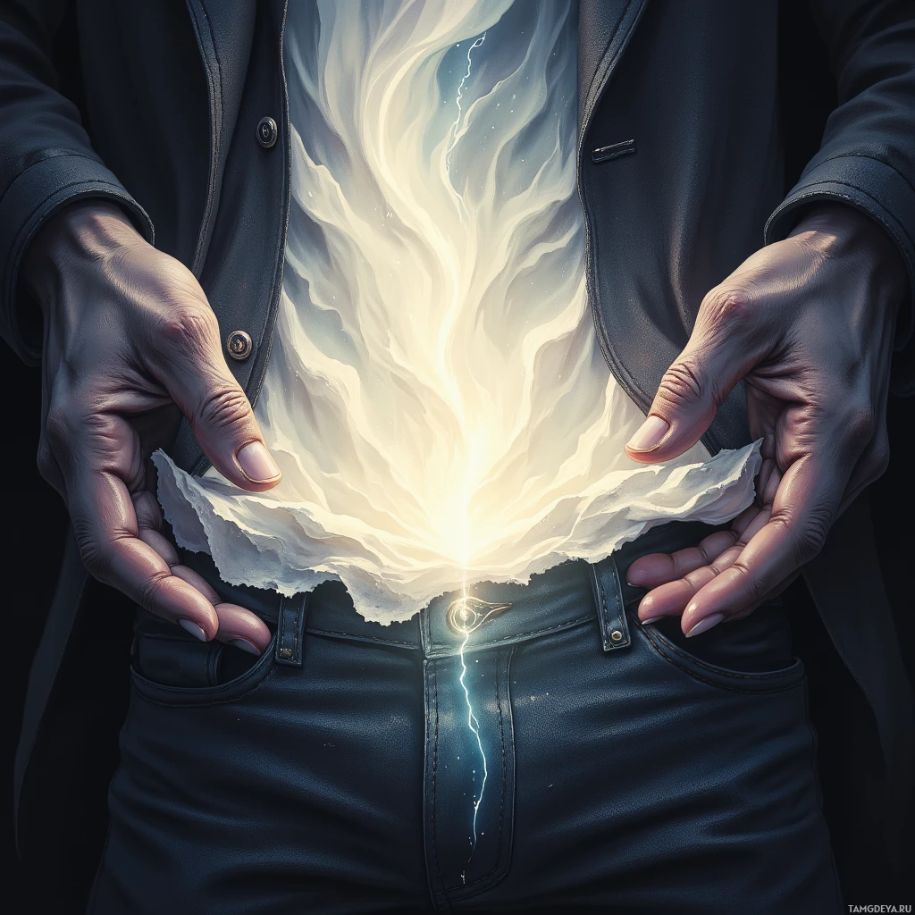 A person's torso with a glowing, lightning-like effect emanating from their stomach area.