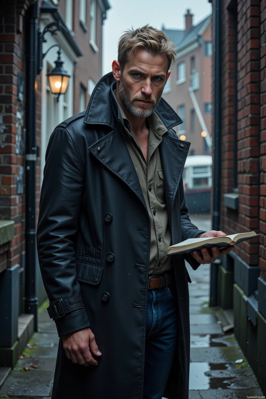 A man in a black coat and jeans stands in a narrow alleyway, holding an open book.