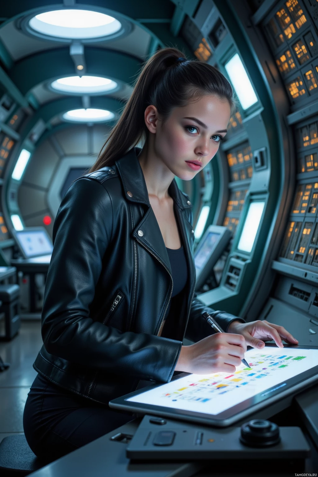 A person in a futuristic setting is working on a tablet with a stylus.