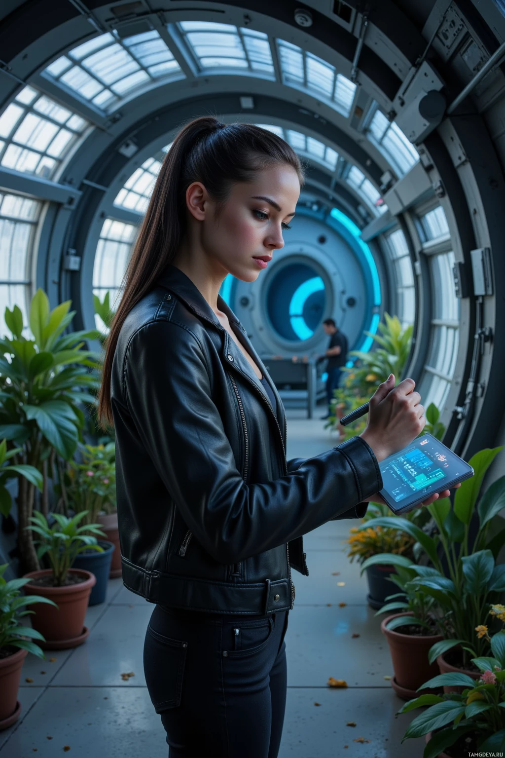 A woman in a leather jacket uses a tablet in a futuristic, plant-filled environment.