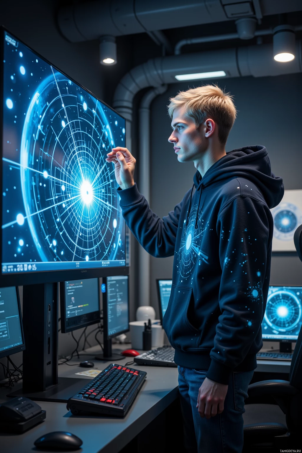 A person in a hoodie stands in a modern workspace, interacting with a large monitor displaying a futuristic interface.