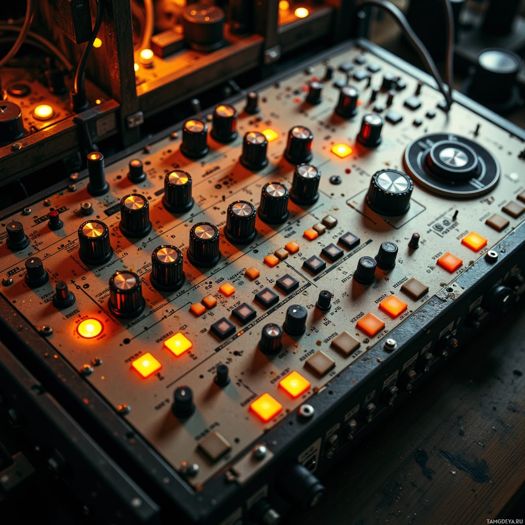 A close-up view of a vintage audio mixing console with illuminated knobs and buttons.