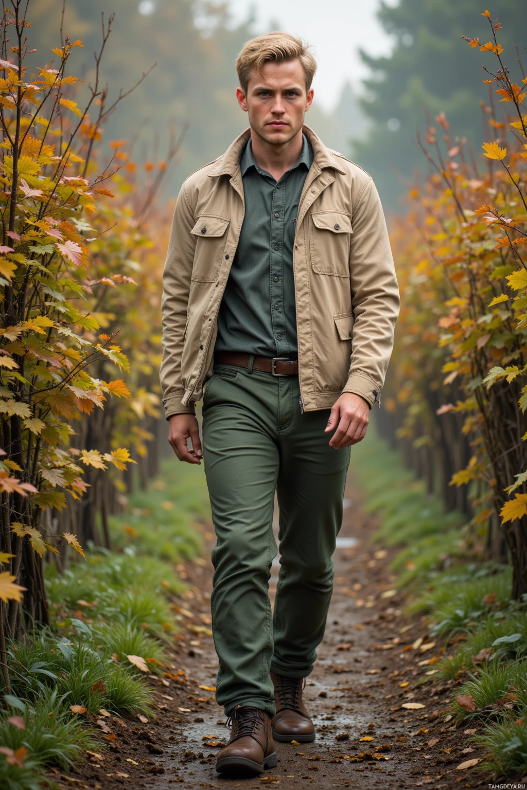 A man in a tan jacket and green pants walks along a path lined with autumn foliage.