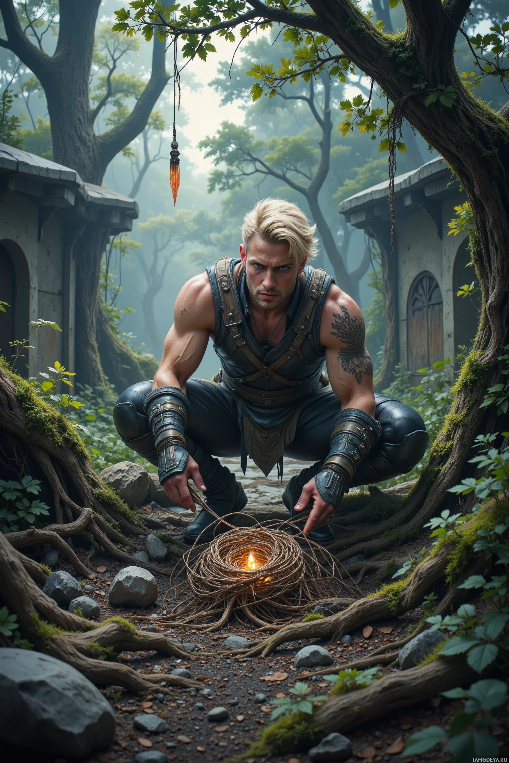 A muscular man in armor kneels in a forest, holding a glowing object.