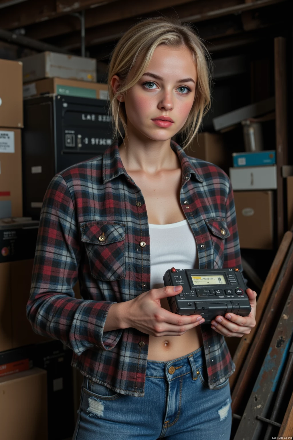 A person in a plaid shirt and jeans holds a device in a storage area.