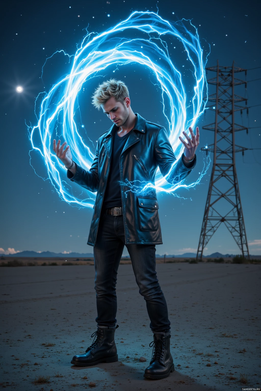 A man in a leather jacket stands in a desert with a glowing blue energy ring above his head.
