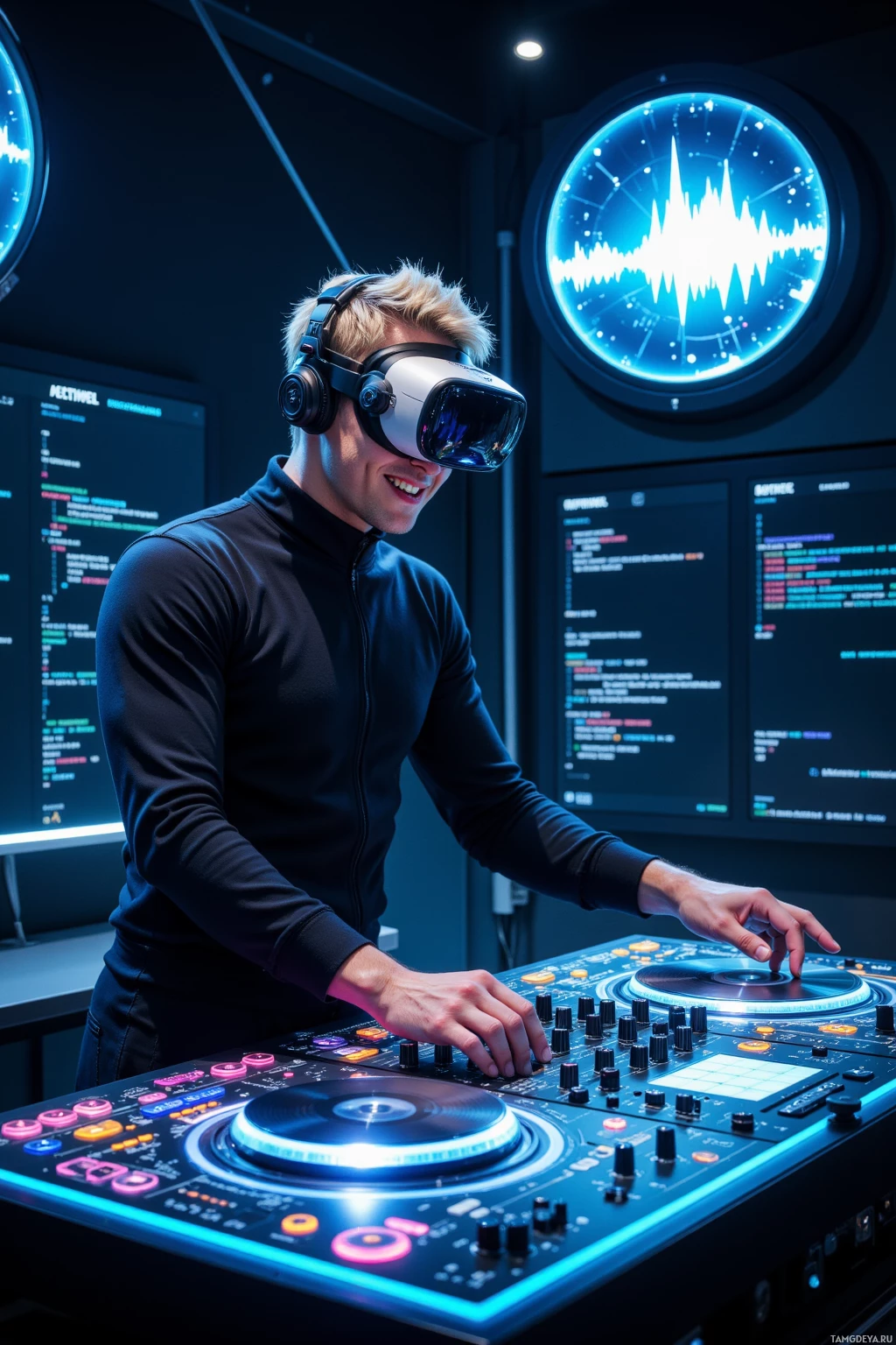 A person wearing a VR headset operates a DJ mixing console in a futuristic setting.