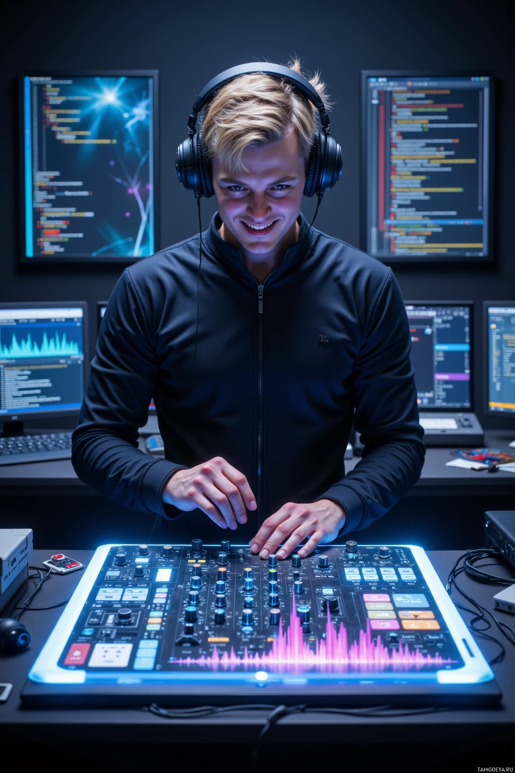 A person wearing headphones stands in front of a music production setup with a glowing mixer and computer screens displaying code.