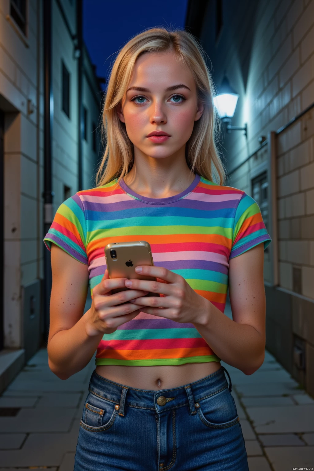 A person wearing a colorful striped shirt and jeans is holding a smartphone.
