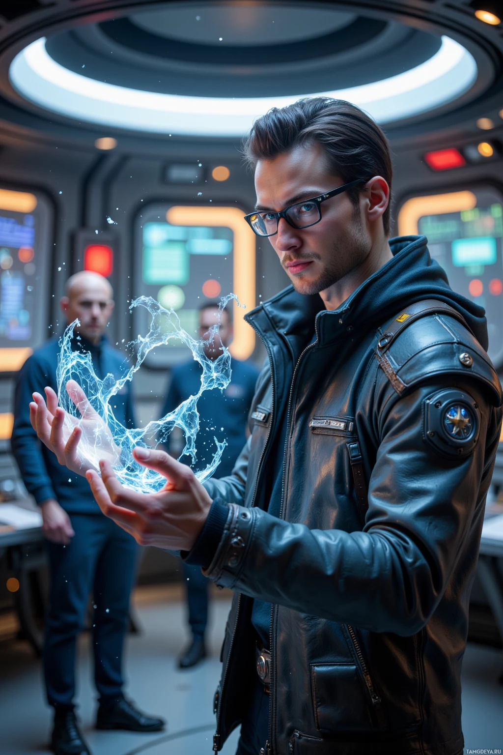 A man in a futuristic setting holds a glowing, energy-like substance in his hands.