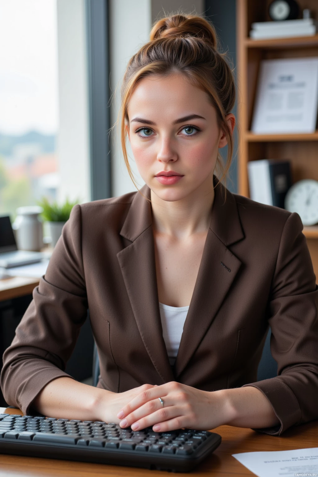 A woman in a professional setting, seated at a desk with a keyboard, wearing a brown blazer and a white top.