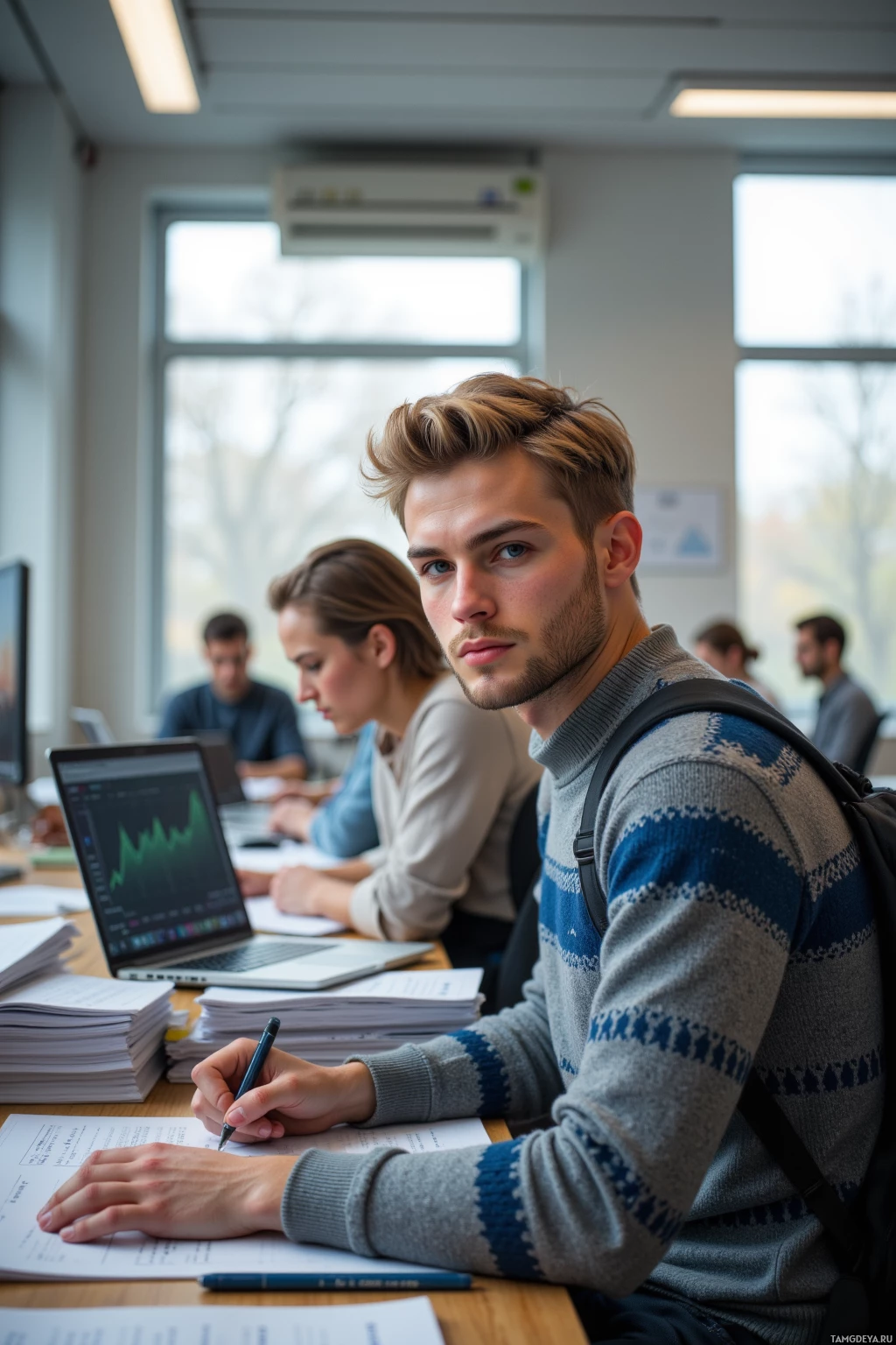 A student in a classroom setting is focused on writing in a notebook.