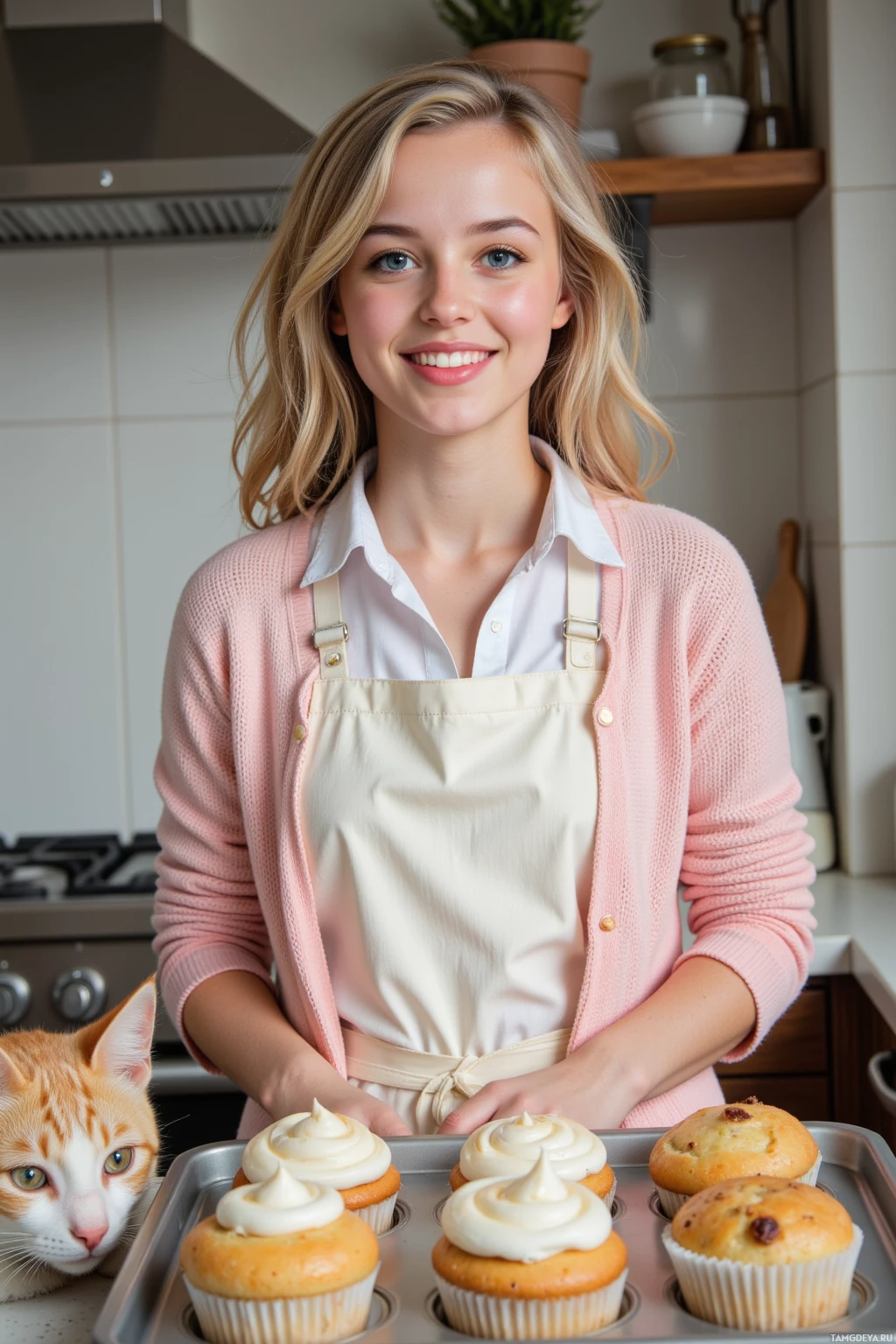 A person in a kitchen wearing an apron and holding a tray of cupcakes with a cat nearby.