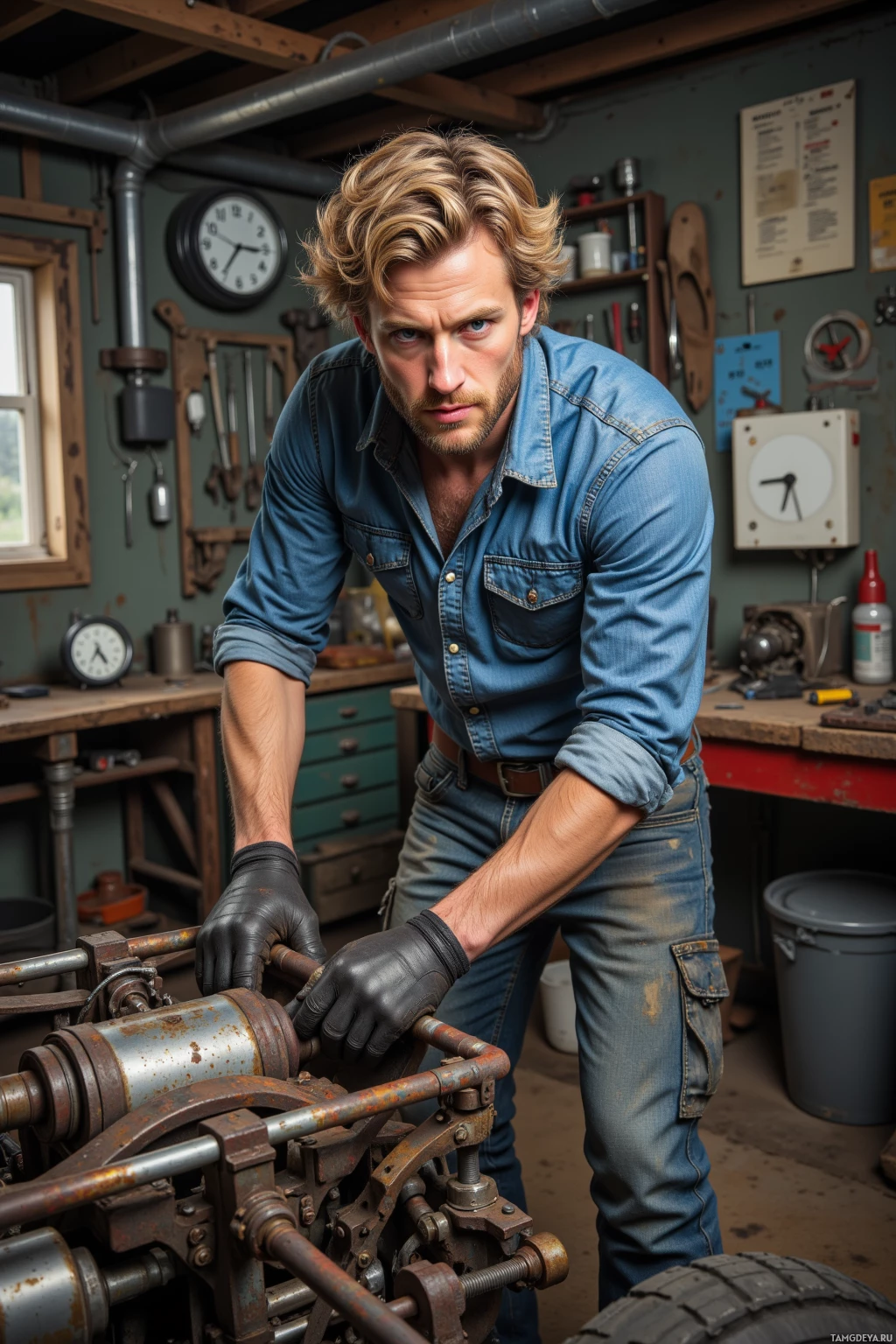 A man in a workshop wearing a denim shirt and gloves, working on a mechanical device.