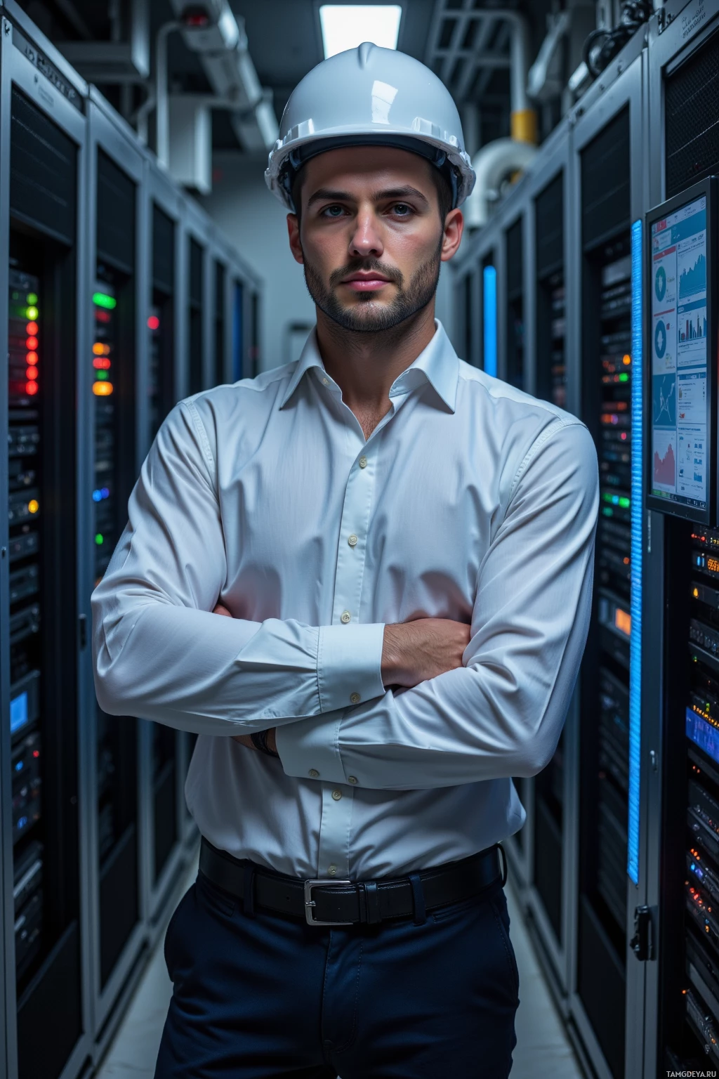 A man in a white shirt and hard hat stands in a server room with arms crossed.