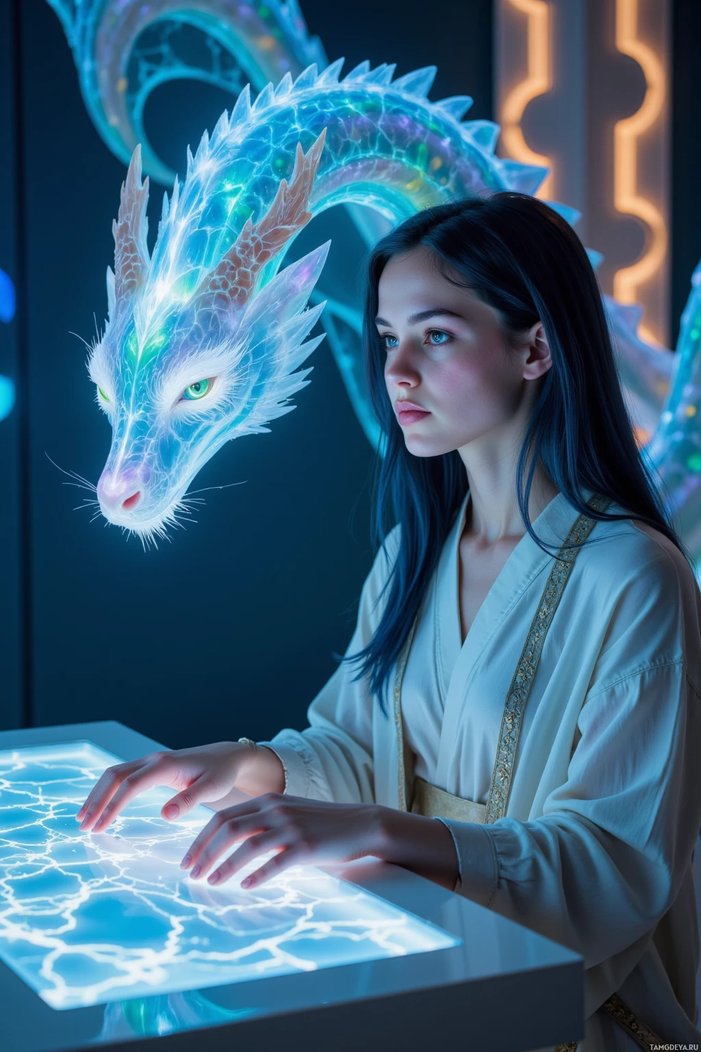 A woman in a white robe interacts with a glowing, ethereal dragon-like figure in a futuristic setting.