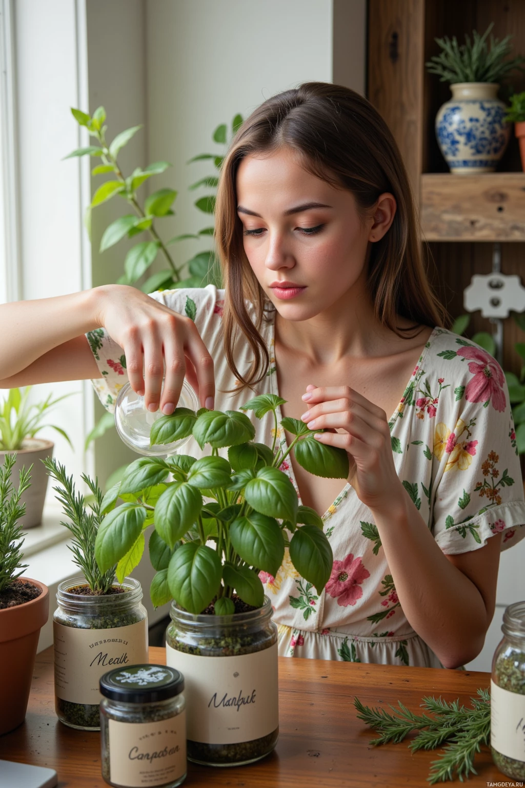 A woman waters a potted basil plant on a wooden table.