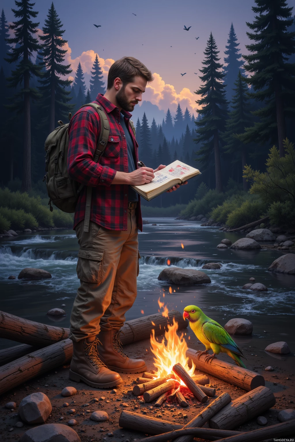 A man in a plaid shirt and backpack stands by a campfire near a river, writing in a book.