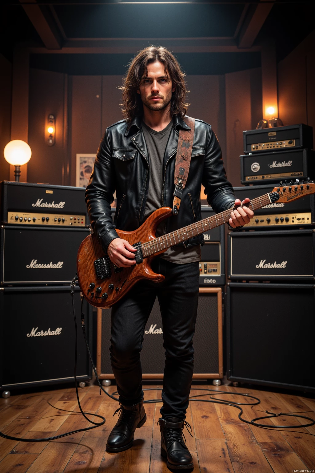 A musician stands in a dimly lit room, holding a guitar, with Marshall amplifiers in the background.