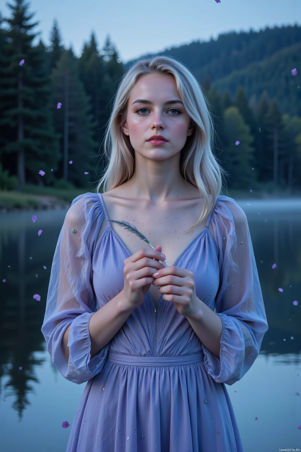 A woman in a lavender dress stands by a lake, holding a feather.