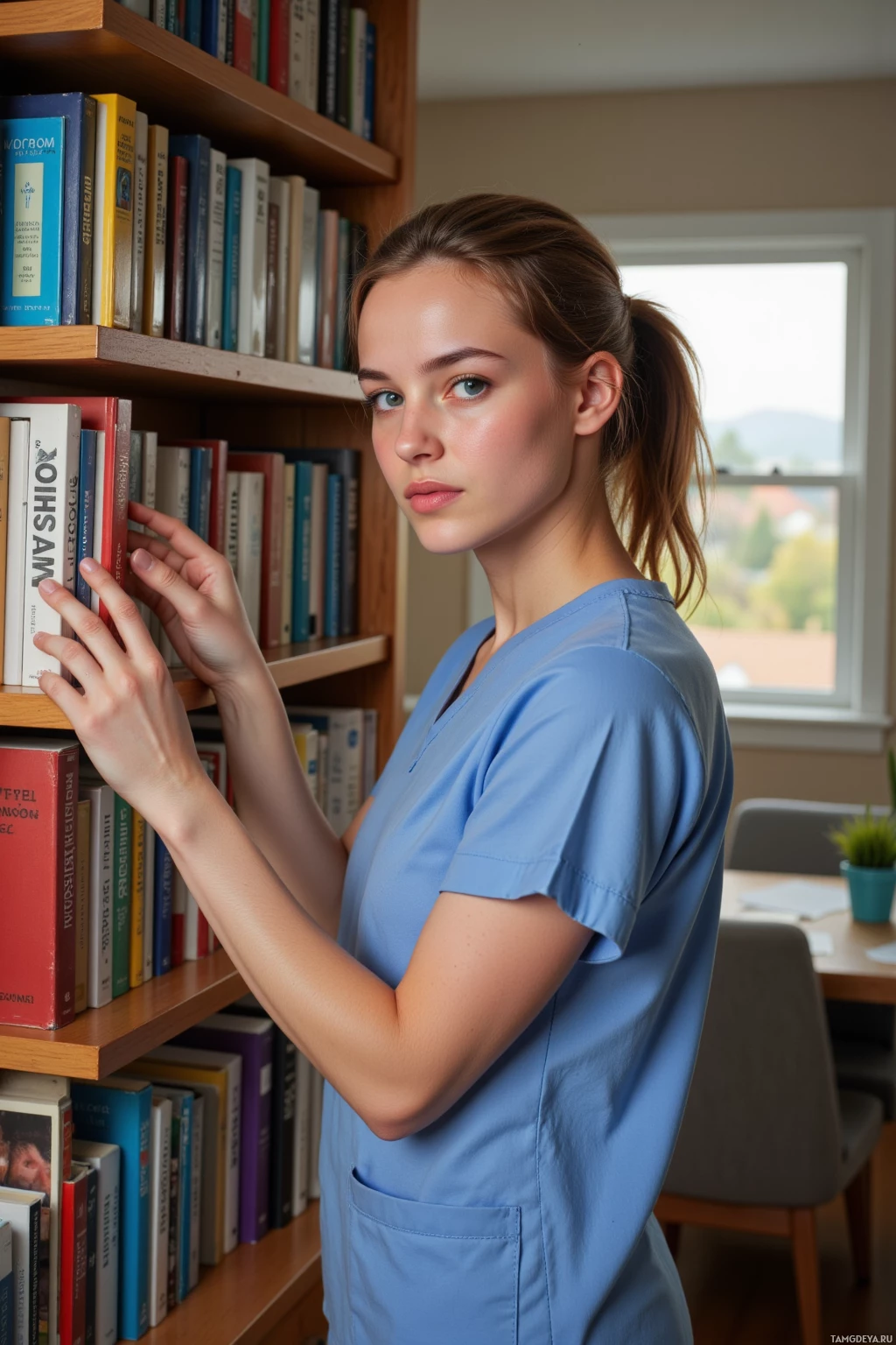 A person in a blue uniform stands in front of a bookshelf, reaching for a book.