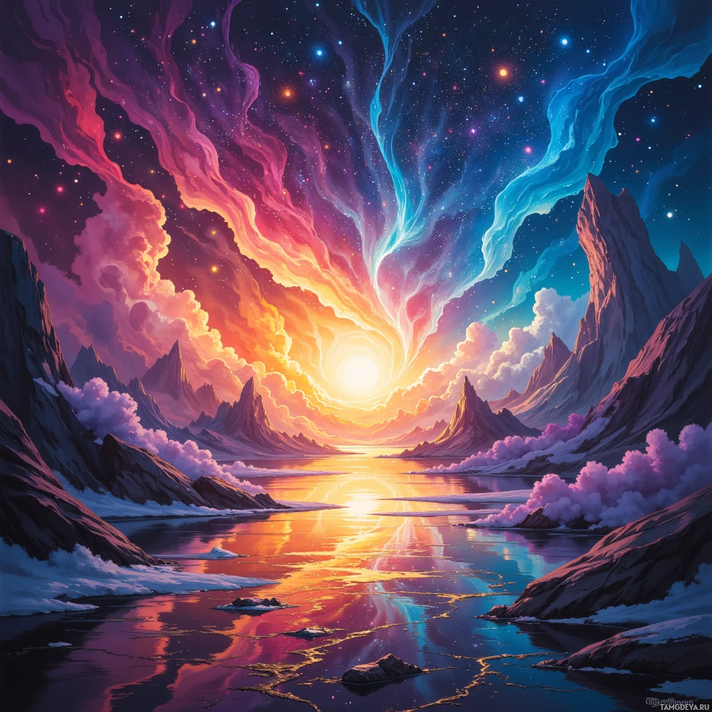 A vibrant, fantastical landscape featuring a colorful sky, ethereal clouds, and majestic mountain peaks reflected in a tranquil body of water.