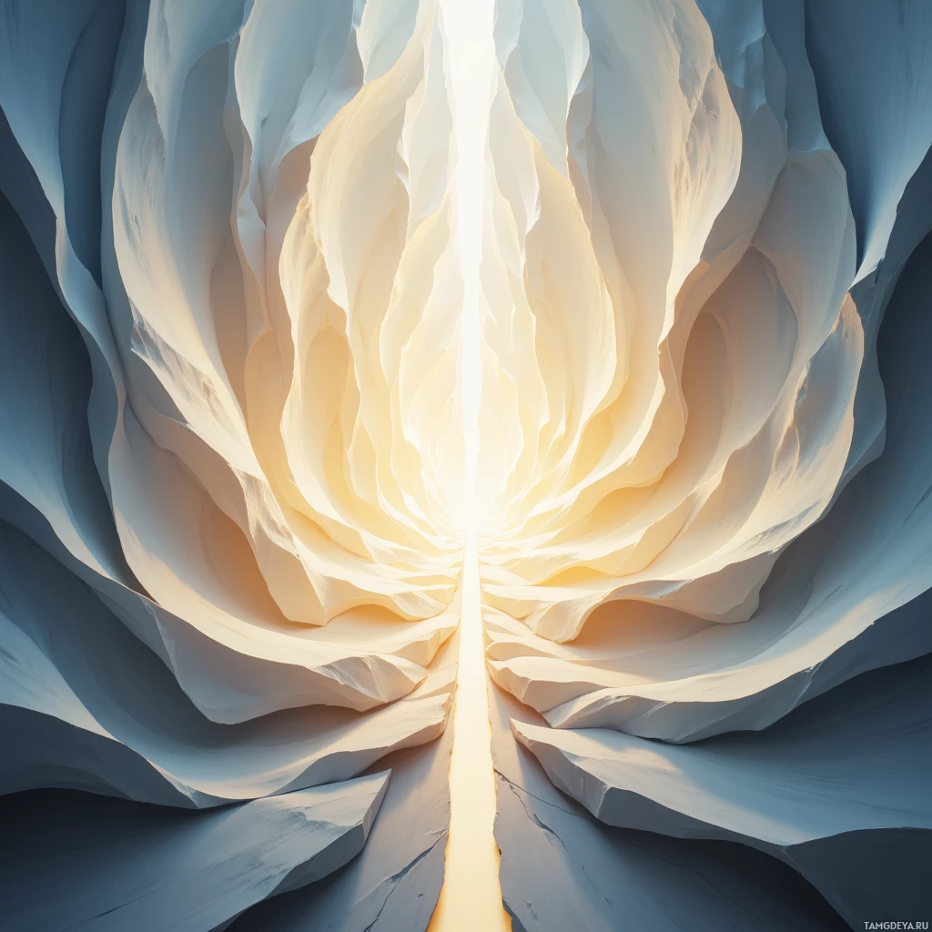 A symmetrical, abstract composition featuring layered, flowing forms in soft, pastel tones with a bright light source at the center.