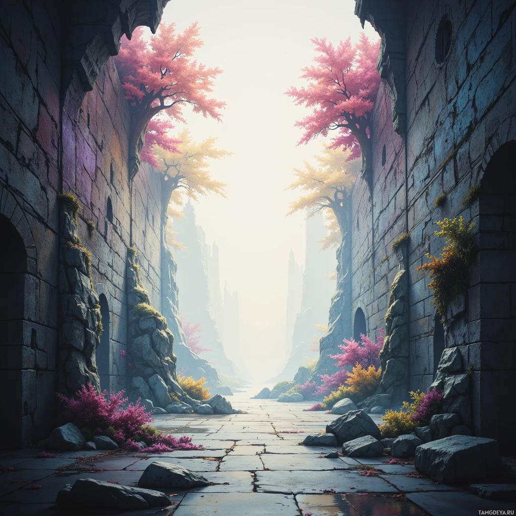 A serene pathway lined with ancient stone walls and vibrant pink trees leads towards a bright, hazy horizon.