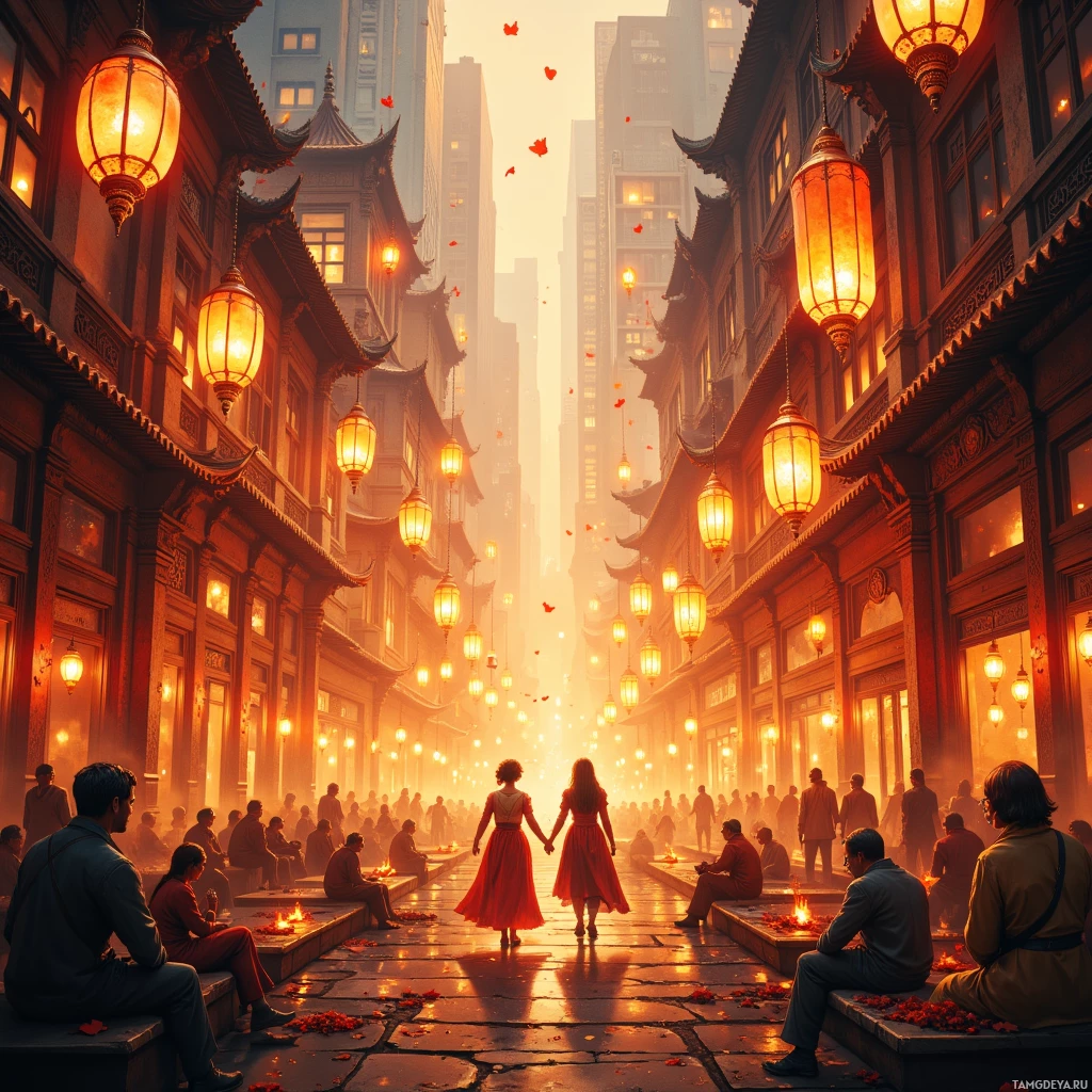 A vibrant street scene with people sitting and walking under hanging lanterns in a traditional setting.