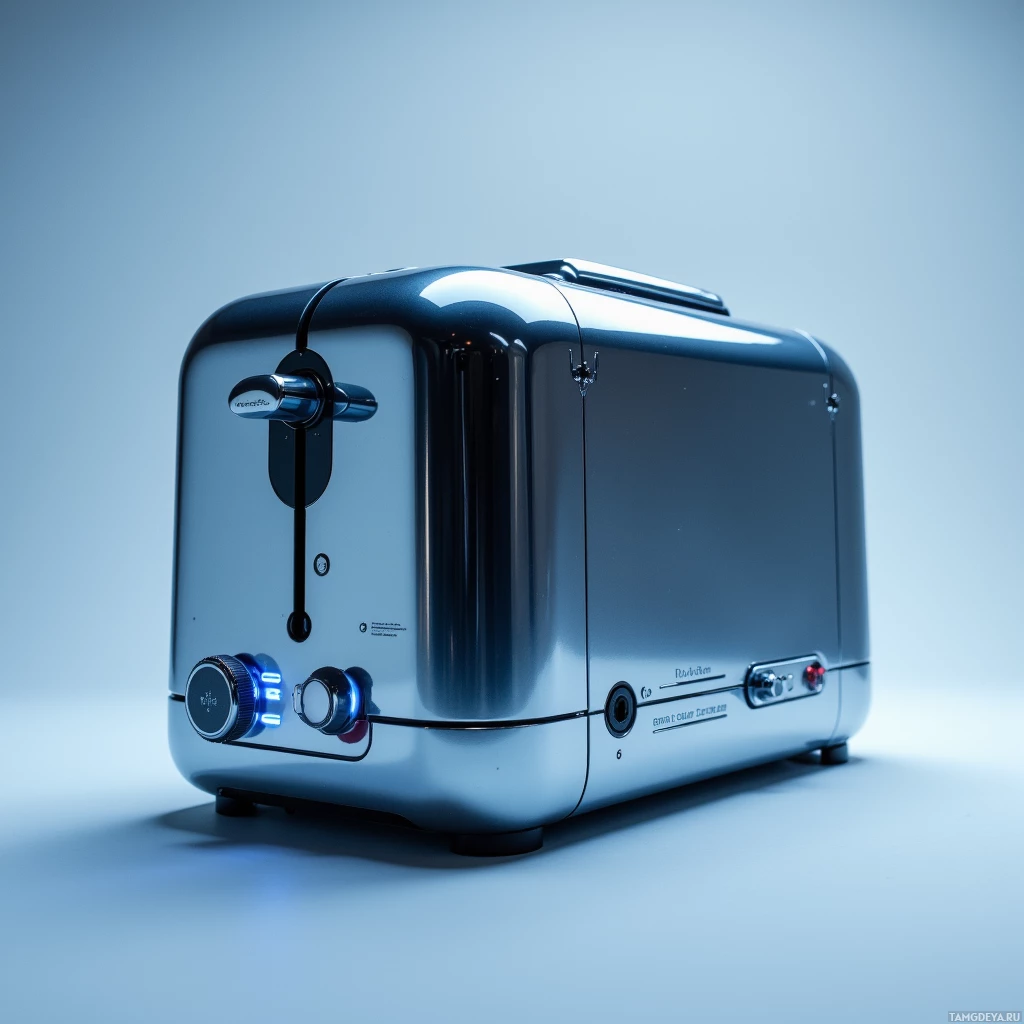 A sleek, modern toaster with a shiny metallic finish and control knobs.