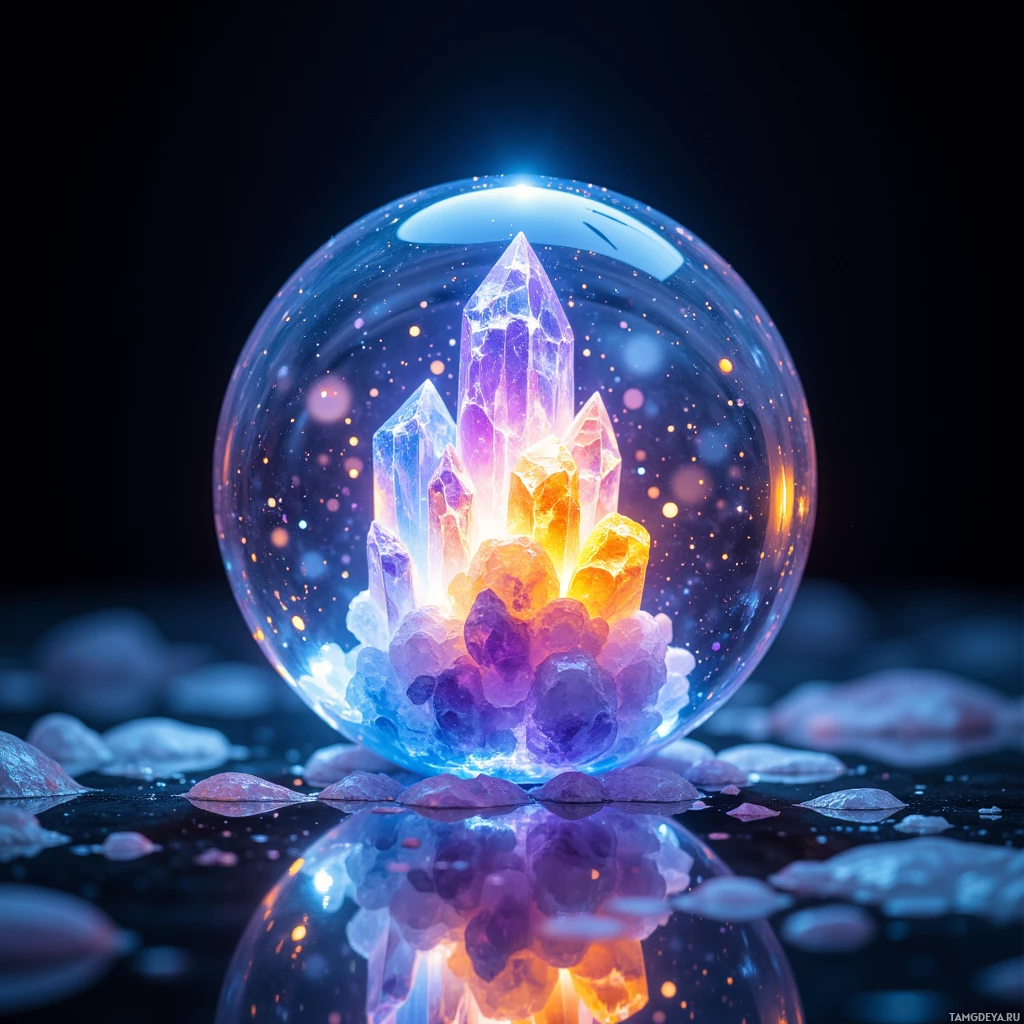 A glowing crystal cluster inside a transparent sphere with a dark background.