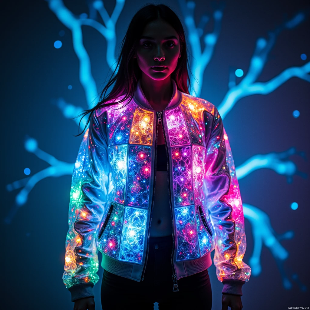 A person wearing a jacket with glowing, colorful patterns stands against a dark, illuminated background.