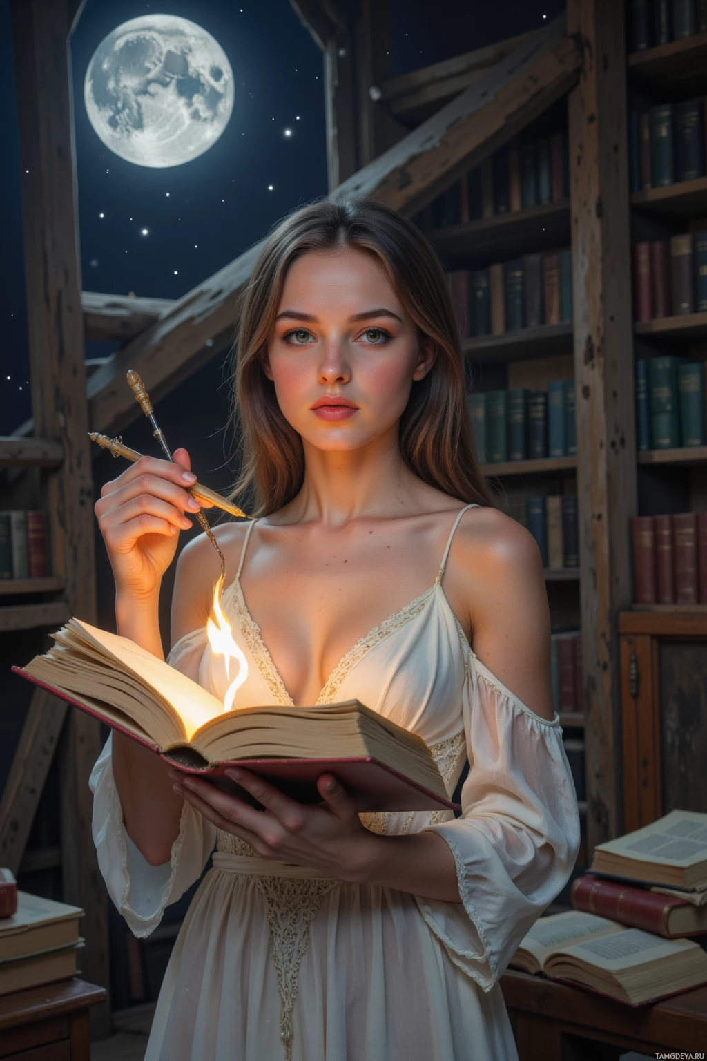 A woman in a white dress holds a lit candle and an open book in a library setting.