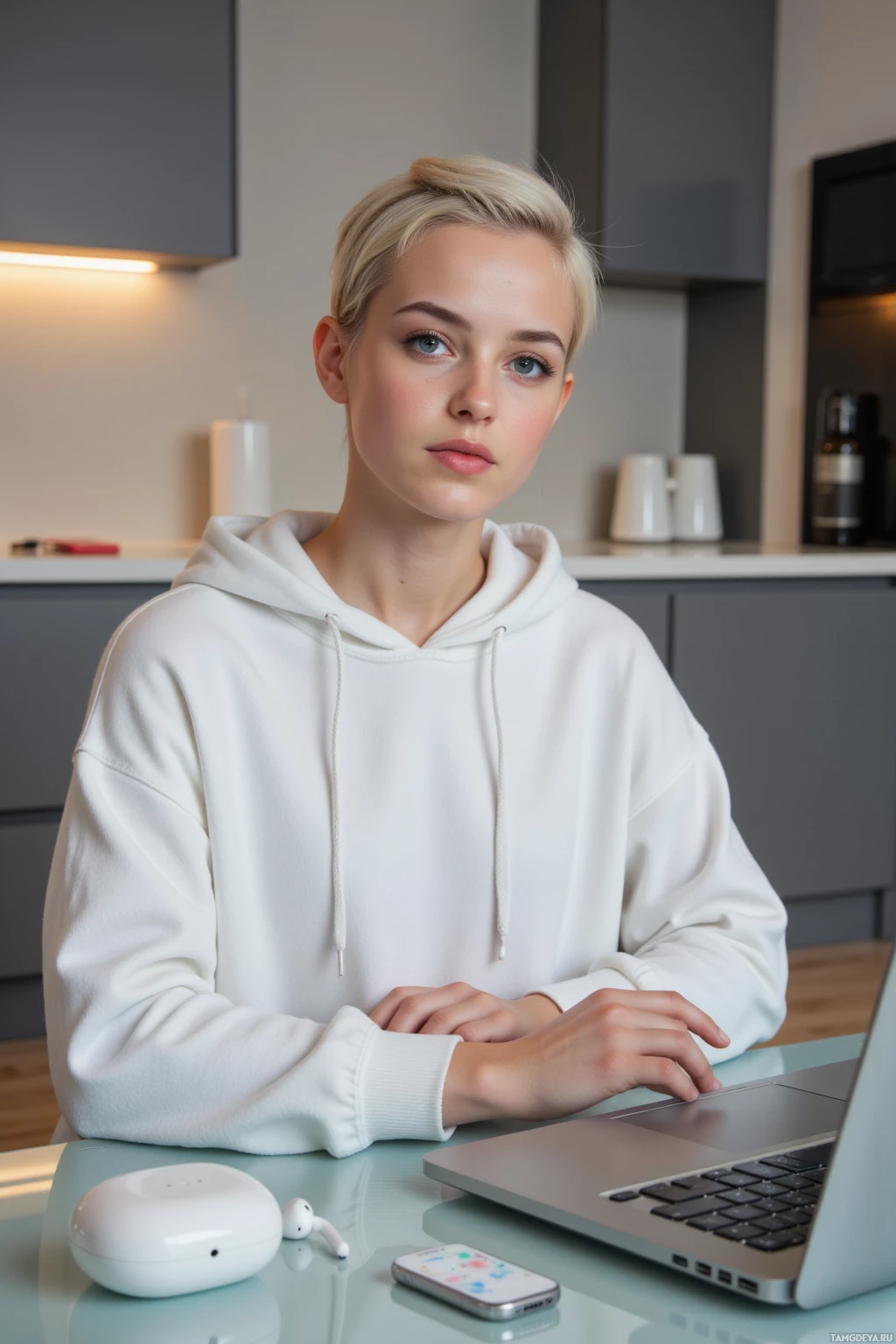 A person in a white hoodie sits at a table with a laptop, earbuds, and a smartphone.