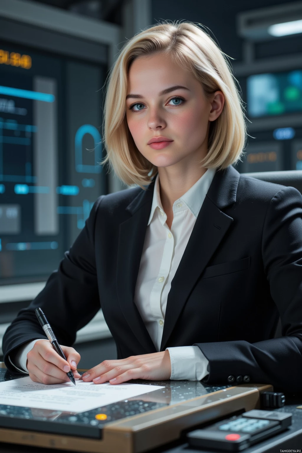 A woman in a professional setting, wearing a suit and writing on a document.