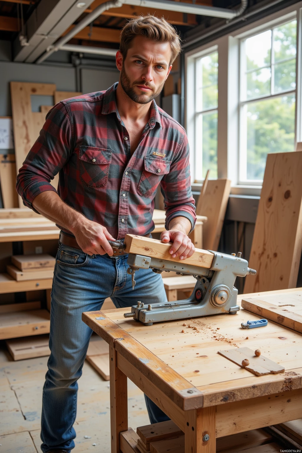 A man in a plaid shirt works with a woodworking tool in a workshop.