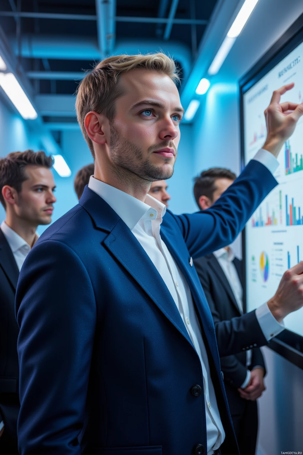 A man in a suit points at a digital screen displaying graphs and charts in a modern office setting.