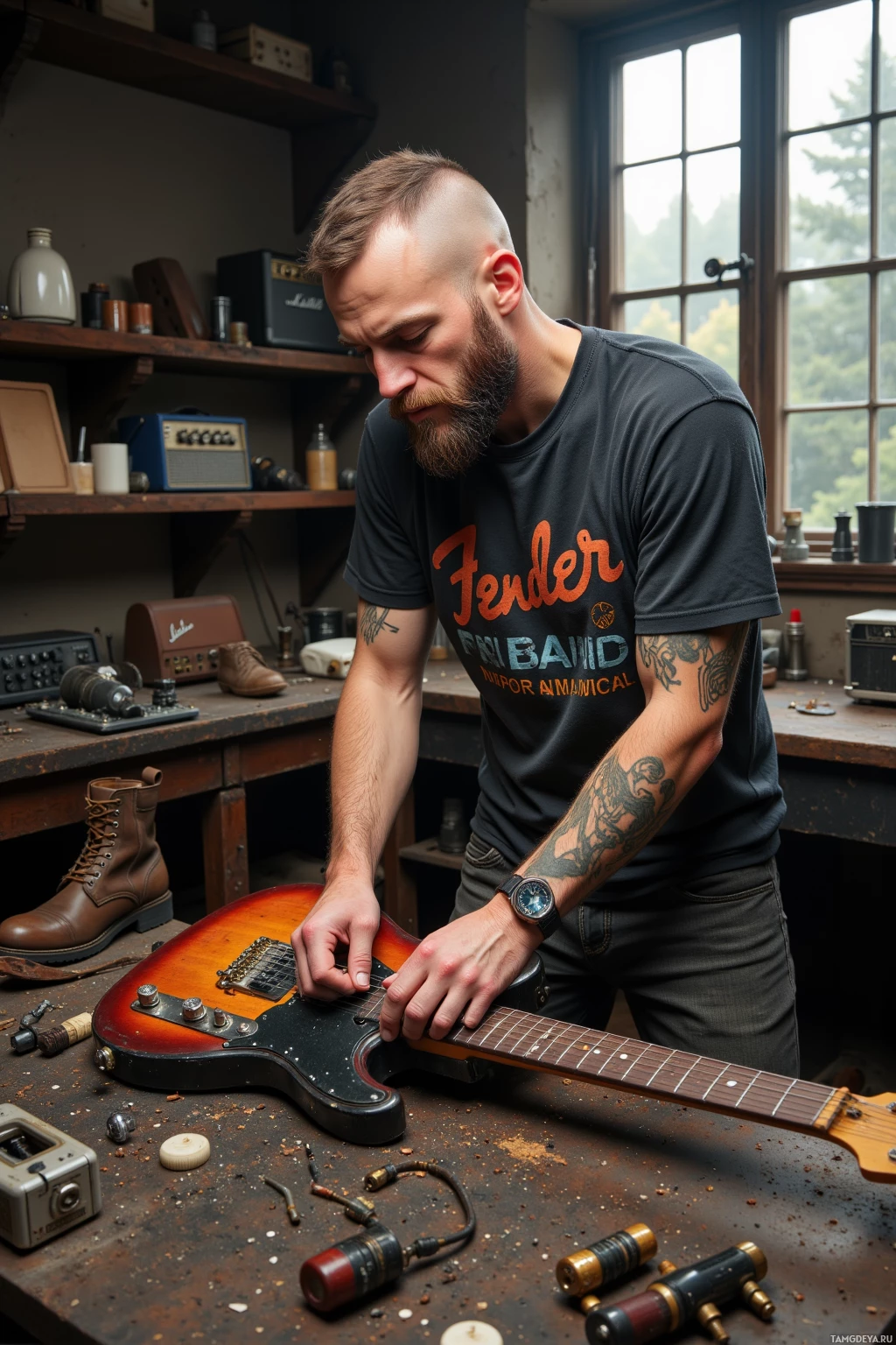 A man with a beard and tattoos works on a guitar in a workshop.