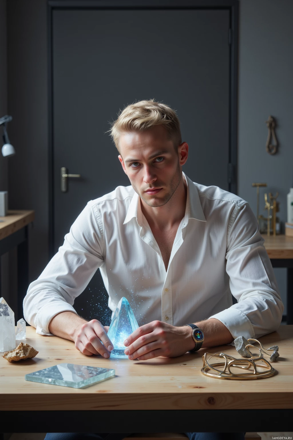 A man in a white shirt sits at a table with a glowing crystal pyramid in front of him.