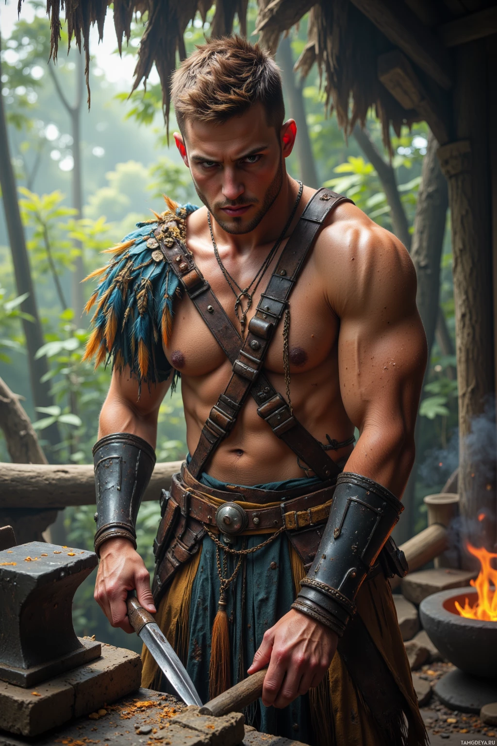 A muscular man in tribal attire stands in a forested setting, holding a knife.